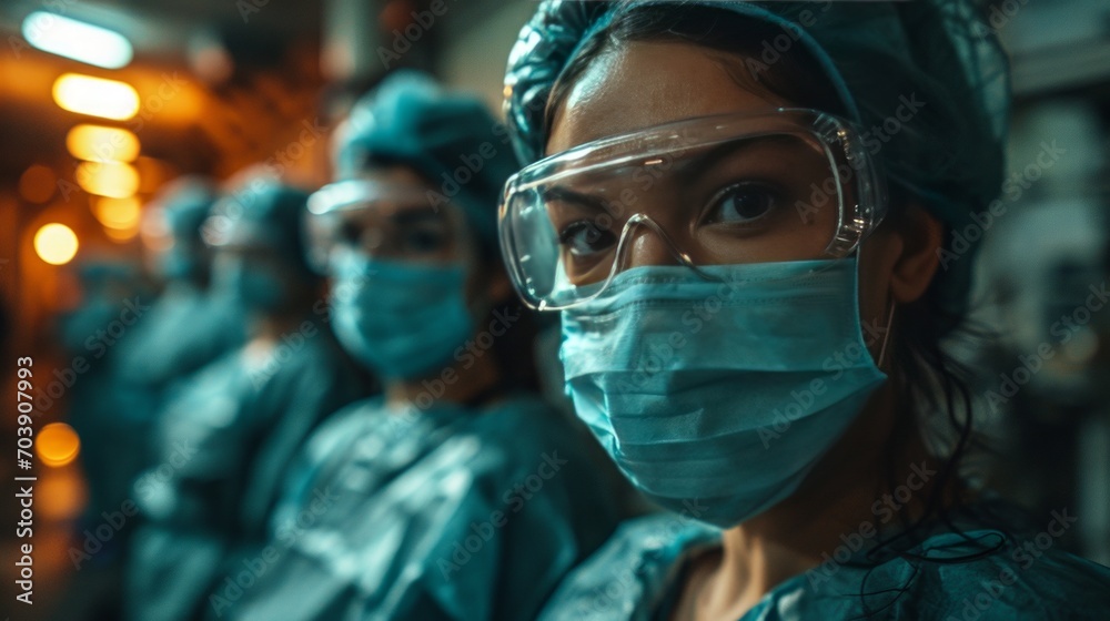 Group of doctors with face masks looking at camera, male and female doctors portrait looking at camera. Group of doctors with face masks looking at camera, male and female doctors portrait looking at camera.