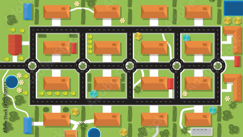 top view flat background of town neighborhood village with road and house and tree
