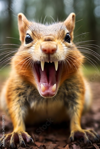 Close-up of an angry chipmunk baring its teeth