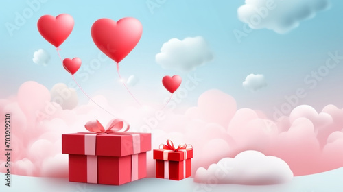 Gift box with heart balloon floating in the sky, Happy Valentines Day banners, paper art style © Chaiwiwat