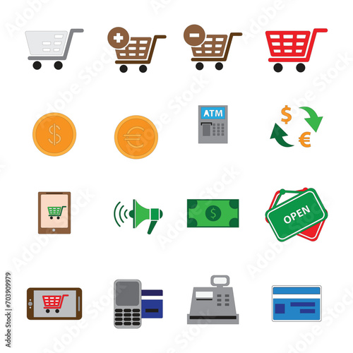 vector set of shopping icons. Collection of shop basket illustration signs. Shop package symbol. Shopping logo