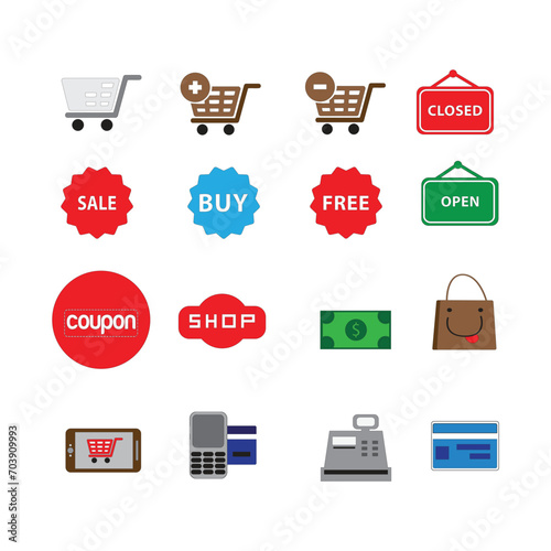 vector set of shopping icons. Collection of shop basket illustration signs. Shop package symbol. Shopping logo