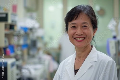 Asian female doctor smiling warmly at the camera in a hospital setting.