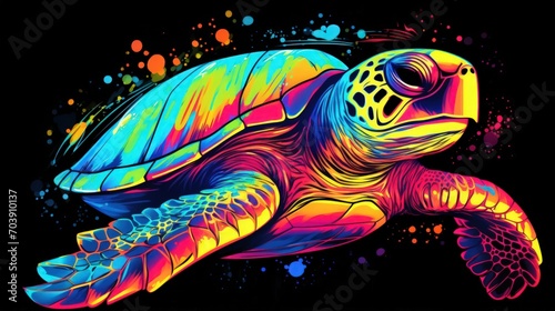 A turtle  neon colors  digital art and watercolor  dark background  generative AI