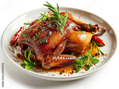 Confit de canard, roasted tasty duck confit served on a white ceramic plate. Isolated on white background. 