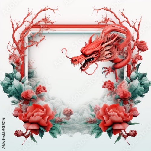 Solid white background, a frame of a red Oriental dragon with flowers in it
