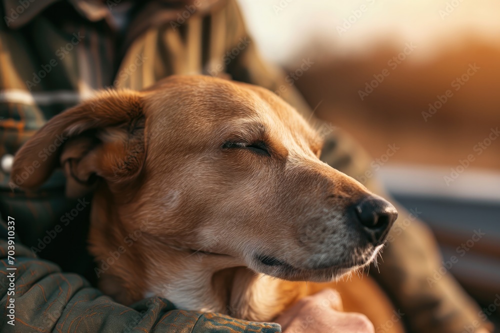 Close up of dog with closed eyes while his owner sitting next to him on car trunk and stroking him Close up of dog with closed eyes while his owner sitting next to him on car trunk and stroking him