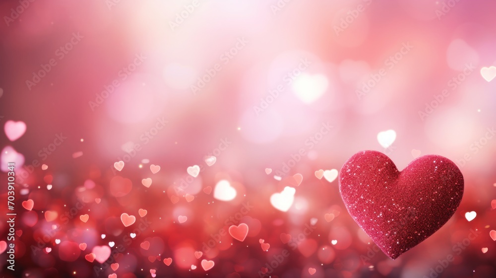 Romantic Valentine's Day background with pink hearts and bokeh roses