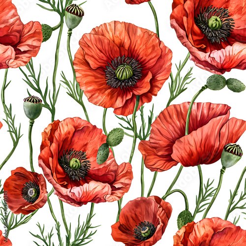 Seamless patterns watercolor painting high detailed, with high contrast, vintage poppy flower pattern, sharp focus.no.03