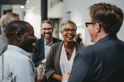 Group of diverse business professionals laughing and talking at a networking event photo