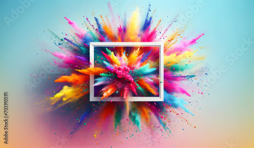 Colorful Holi festival background. Vibrant burst of rainbow powders emerges from white frame, creativity, energy, dynamic future. Abstract texture of multi-colored dust. Copy space, mock up