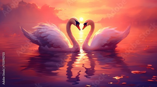 Two Swans Over Lake on Sunset Background, The romance of a white swan with a clear beautiful landscape. Generative AI