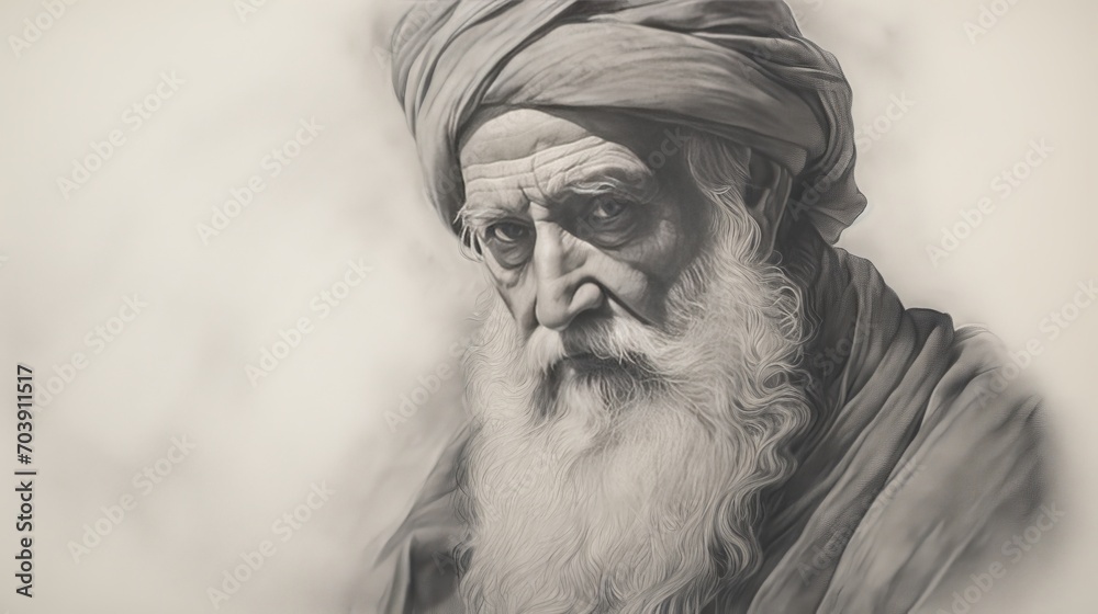 Abū Sulaimān Chālid ibn al-Walīd, Charcoal pencil drawing, copy space, 16:9 Abū Sulaimān Chālid ibn al-Walīd, Charcoal pencil drawing, copy space, 16:9