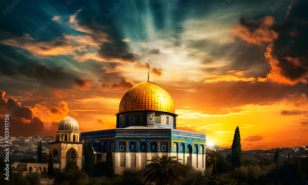 Al Aqsa Mosque or Dome of the Rock in Jerusalem, Palestine Israel. Sunset scene. The mosque where the Prophet's Isra and Mi'raj