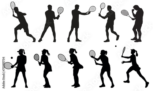 set of men and women tennis players silhouette on white background. Vector illustration