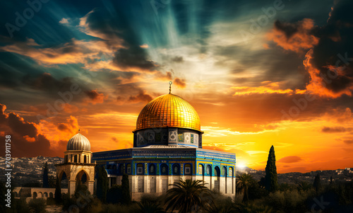 Al Aqsa Mosque or Dome of the Rock in Jerusalem, Palestine Israel. Sunset scene. The mosque where the Prophet's Isra and Mi'raj