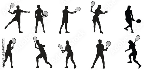 set of men and women tennis players silhouette on white background. Vector illustration