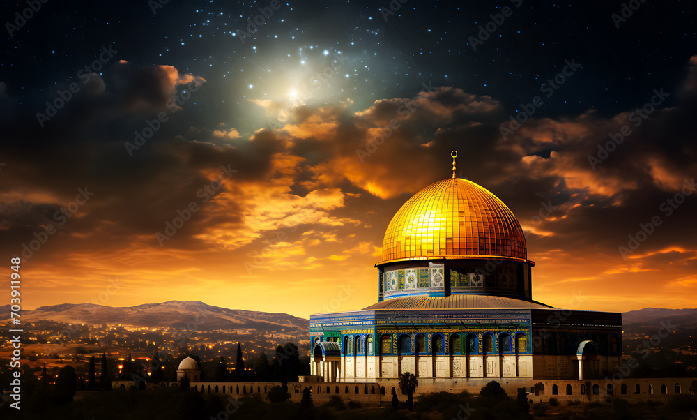 Fototapeta premium Al Aqsa Mosque or Dome of the Rock in Jerusalem in the night isra mi'raj, Ramadan Kareem background
