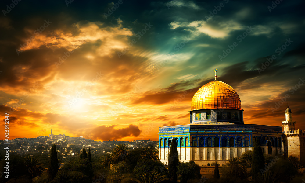 Obraz premium Al Aqsa Mosque or Dome of the Rock in Jerusalem, Palestine Israel. Sunset scene. The mosque where the Prophet's Isra and Mi'raj