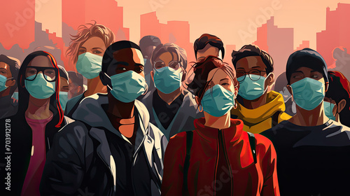 Group of people wearing medical masks to prevent the spread of dust, smoke, pollution