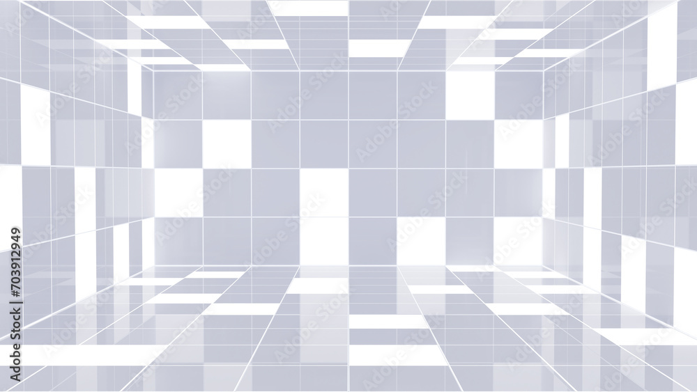 Futuristic, minimalist white empty room with geometric shapes and lines, spacious, bright, and modern, clean lines and monochromatic color. Soft shadows and highlights on surfaces.