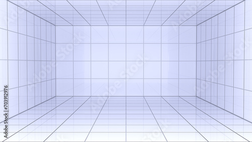 3D illustration of a spacious, empty room with grid lines, perfect as a modern background.