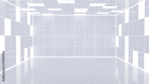 Modern minimalist white room with reflective floor and bright lighting. 3D render.