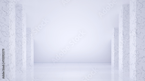 Serene 3D illustration background with marble textured columns and copy space.