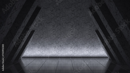 3D illustration of a dark, futuristic corridor with textured walls and illuminated floor, perfect as a background.