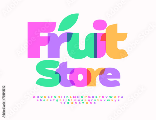 Vector trendy sign Food Store. Stylish Colorful Font. Set of bright Alphabet Letters and Numbers. 
