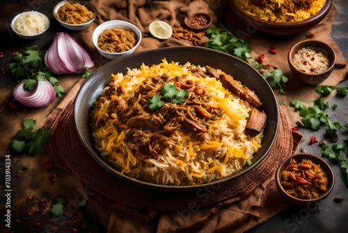 A bowl of creamy, aromatic biryani, layered with tender pieces of meat, fragrant spices, and garnished with fried onions.
