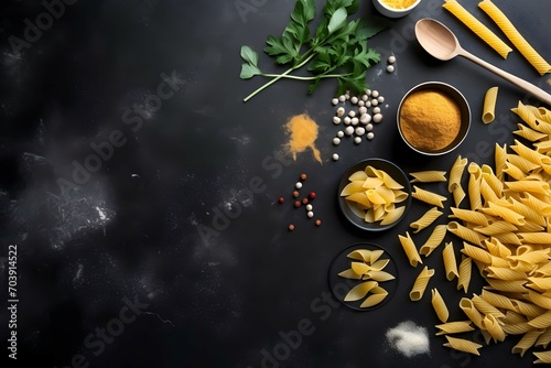pasta - kitchen. Captured from above top view, flat lay on black chalkboard background. Layout with free space. clean, minimalist. in dark tone 8k, trending on Architectural Digest, trending on Arh.