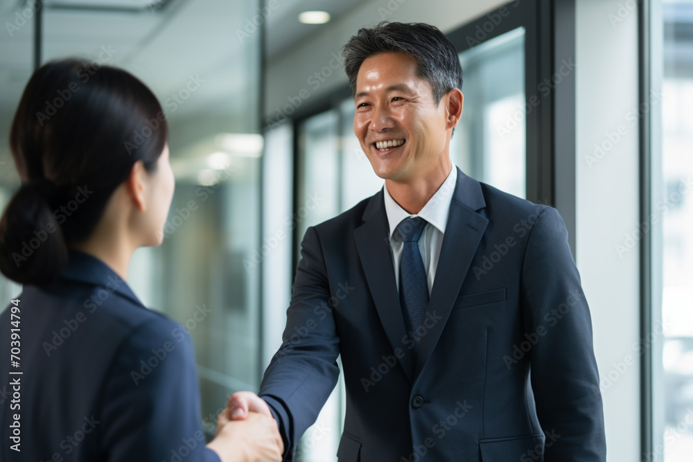 取引先と笑顔で握手をする男性会社員 取引先と笑顔で握手をする男性会社員