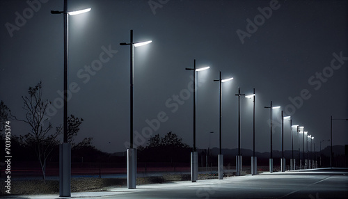 Modern street LED lighting pole. Urban electro-energy technologies. A row of street lights against the night sky natural background, Ai generated image