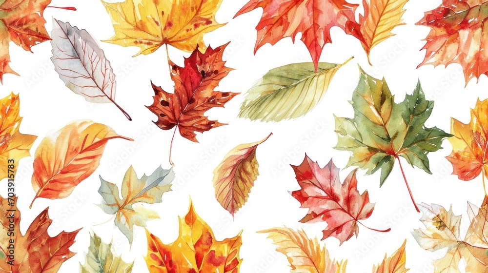 Obraz premium Autumns Whimsical Dance, A Vibrant Array of Leaves Gracefully Adorn a Serene White Canvas