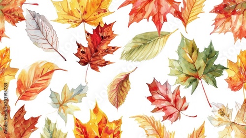 Autumns Whimsical Dance, A Vibrant Array of Leaves Gracefully Adorn a Serene White Canvas