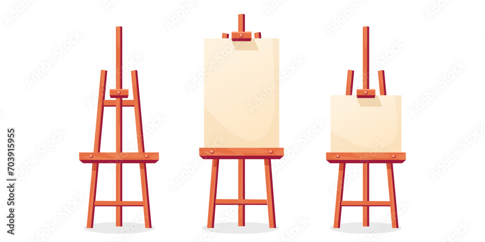 Paint Desk vector set. Cartoon easel isolated on white background with empty canvas. Wooden brown easels with artboards of various shapes for mock up, icon, book etc. Flat style vector illustration 