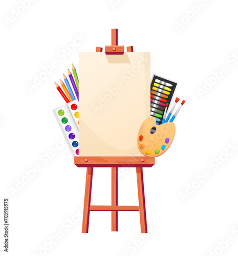 Cartoon easel with artist's elements. Vector illustration in flat style with colorful palette, paint brushes, paint, canvas and crayons isolated on white background. Back to school concept.