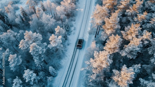 Majestic Journey, A Mesmerizing Aerial Glimpse of a Car Winding Through the Enchanting Snowy Forest © FryArt