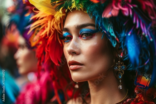 Vivid Carnival Headdress Portrait. Close-up of a woman with vibrant feather headdress and blue eye makeup.