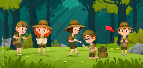 Kids Scouts summer camp vector illustration. Happy little boy scouts and girl scouts in the forest. Cute little tourists hiking and exploring nature. Camping cartoon vector illustration.