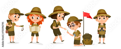 Kids Scouts vector illustration. Cute cartoon characters wearing scout uniform. Summer camp activities with group of kids in flat style. Little boy scouts and girl scouts isolated on white background.