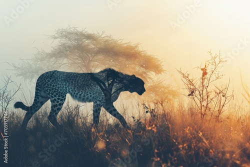 Silhouette of Grace  Majestic Cheetah Strides Stealthily Amidst the Lush Savannah Grasslands