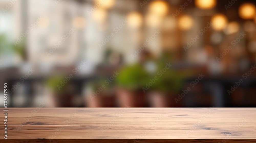 A minimalist wood table with a smooth finish, set in a contemporary restaurant with a blurred background, Ai Generative A minimalist wood table with a smooth finish, set in a contemporary restaurant with a blurred background, Ai Generative