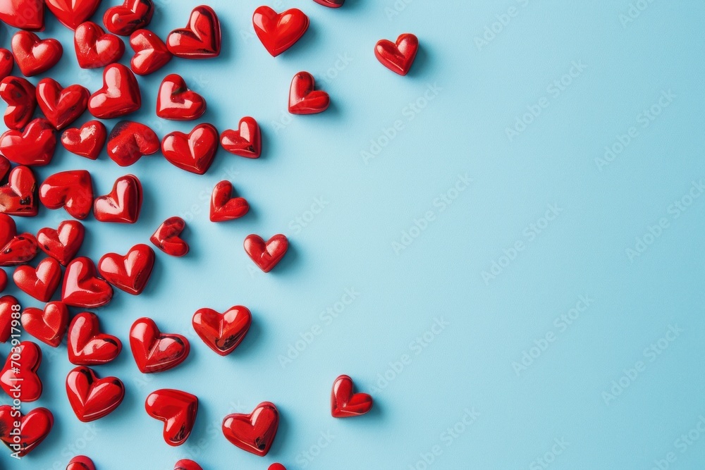 A Symphony of Love, Vibrant Red Hearts Dancing on a Serene Blue Canvas