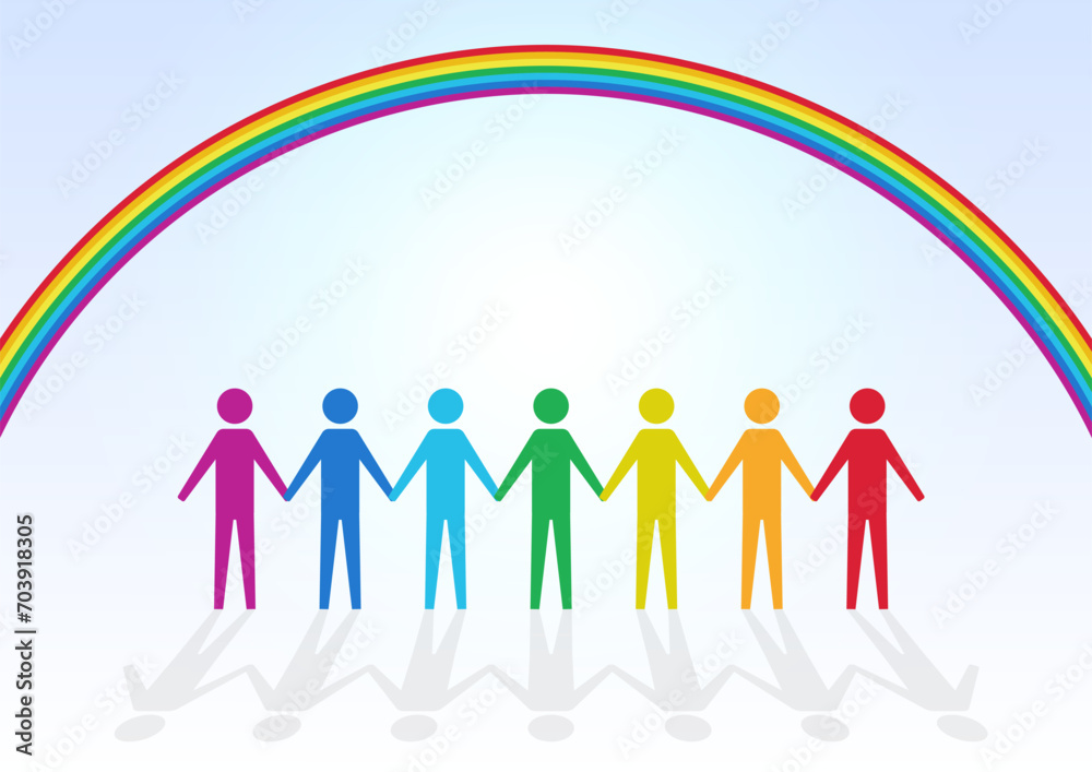 虹と手を繋ぐ人々イメージ背景