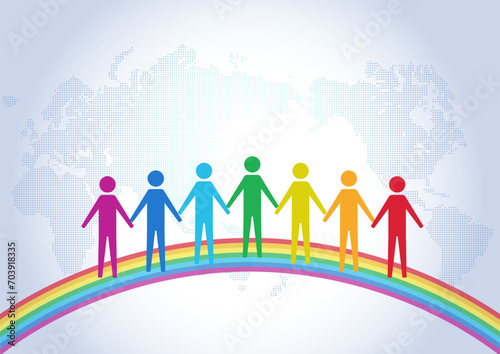 虹と手を繋ぐ人々と世界地図背景 photo