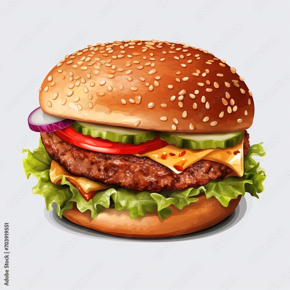 A cheeseburger with lettuce, tomato, onion, and pickles A cheeseburger with lettuce, tomato, onion, and pickles