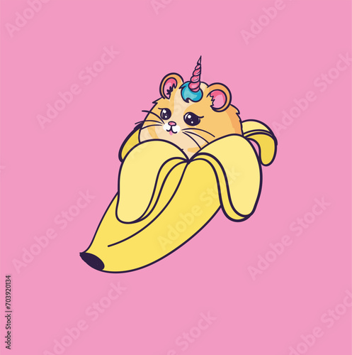 Cute kawaii illustration of hamster looks like unicorn in banana. Popular stickers ready for print. Pet in banana.
