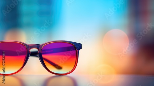 Minimal copy space banner with sunglass. Colorful bokeh background